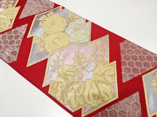 JAPANESE KIMONO / ANTIQUE FUKURO OBI / SILK / WOVEN MANJUKIKU & PAULOWNIA